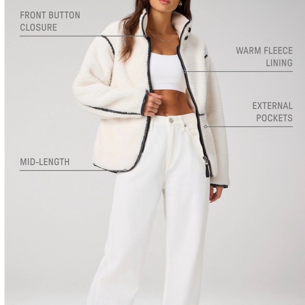 Fabletics Cream Sherpa Jacket with Black Piping - Picture 3 of 7